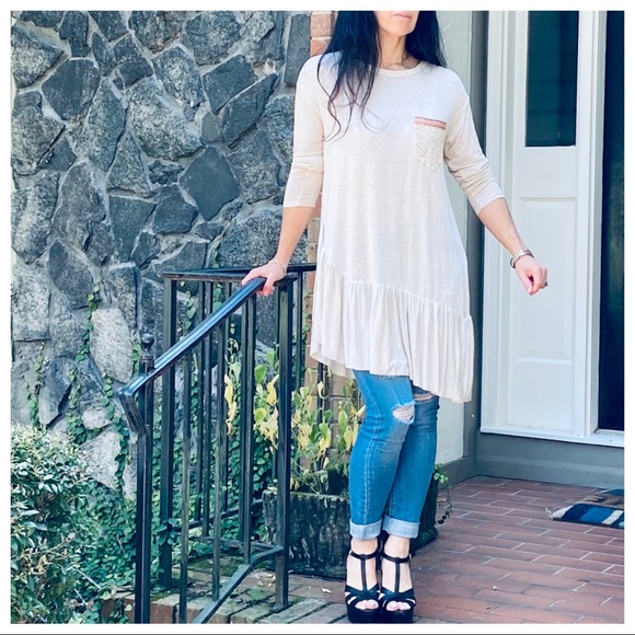 Pretty asymmetrical hem ruffle hem linen tunic top - Picture 4 of 6